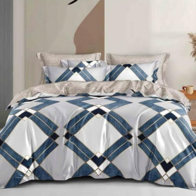 Posteljina P10 Na Bračnom Krevetu U Plavo-Beloj Kombinaciji