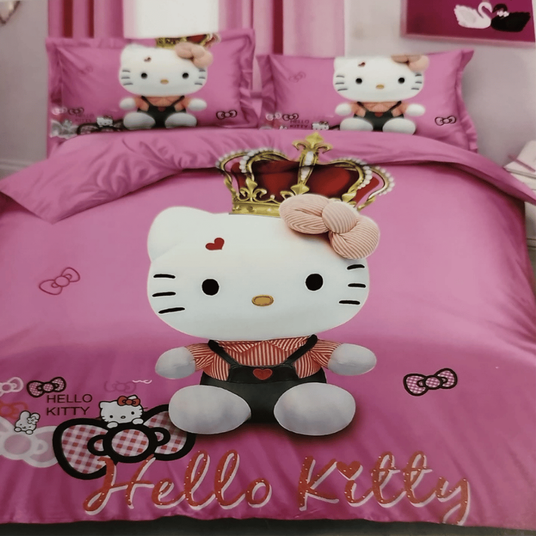 Hello Kitty roze posteljina za decu sa krunom i motivima mačkice, dimenzija 160x220 cm