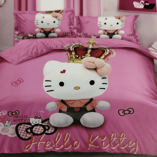 Hello Kitty roze posteljina za decu sa krunom i motivima mačkice, dimenzija 160x220 cm