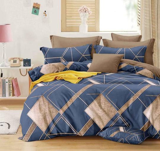 Satenska pamučna posteljina sa modernim geometrijskim dezenom u plavim i bež tonovima