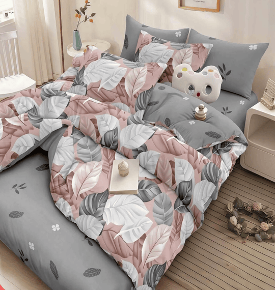Posteljina za bračni krevet od satenskog pamuka u roze i sivim tonovima sa dezenom lista