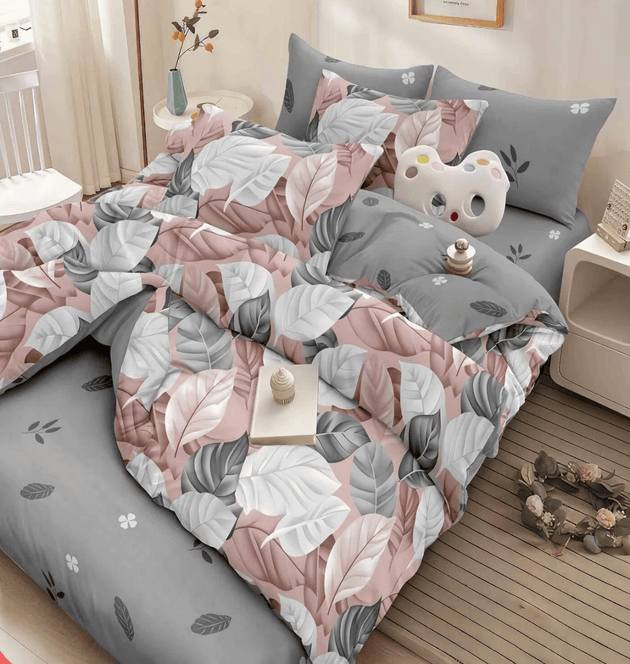 Posteljina za bračni krevet od satenskog pamuka u roze i sivim tonovima sa dezenom lista